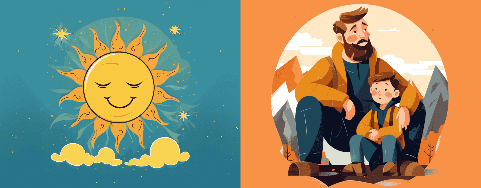 Side by side images showing the sun in the sky and a man with his son, demonstrating the homophones sun and son