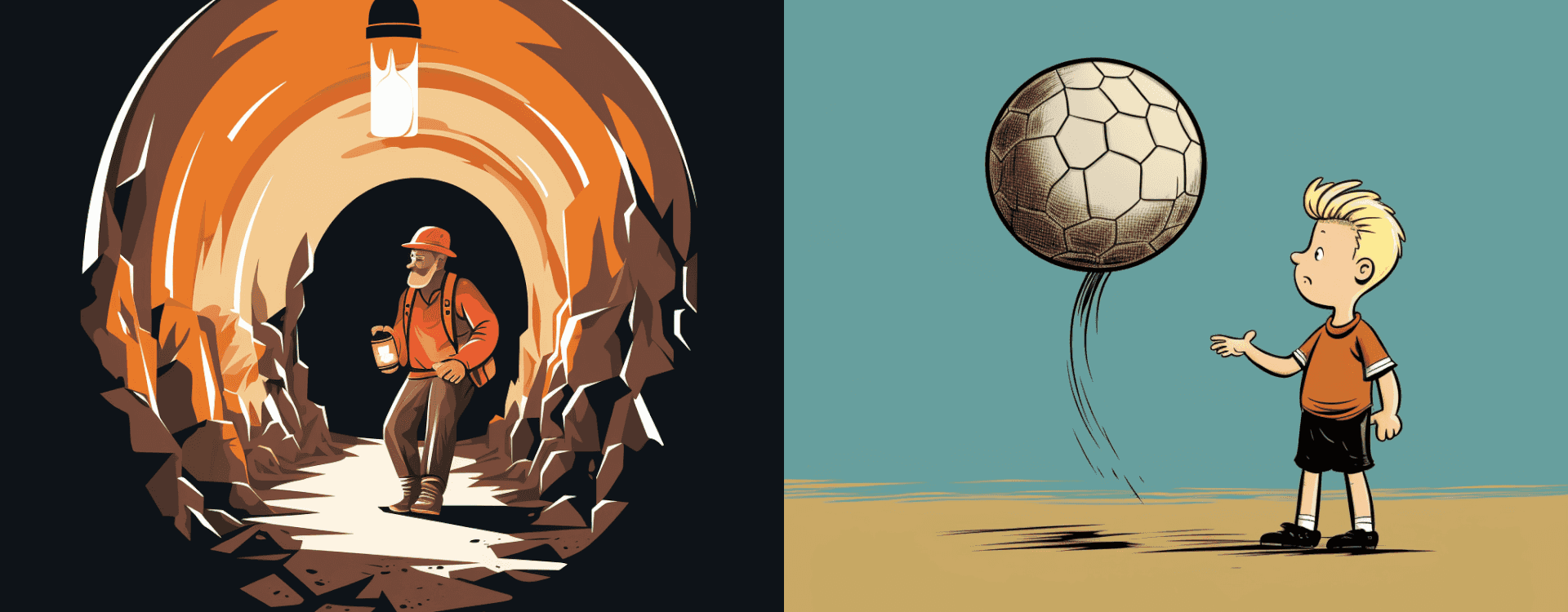 Side by side image showing a miner working in a pit and a child (a minor) with a ball, demonstrating the homophones miner and minor